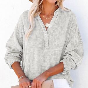 Dokotoo Womens Button V Neck Gauze Top Long Sleeve Oversized Boho Coastal Beach